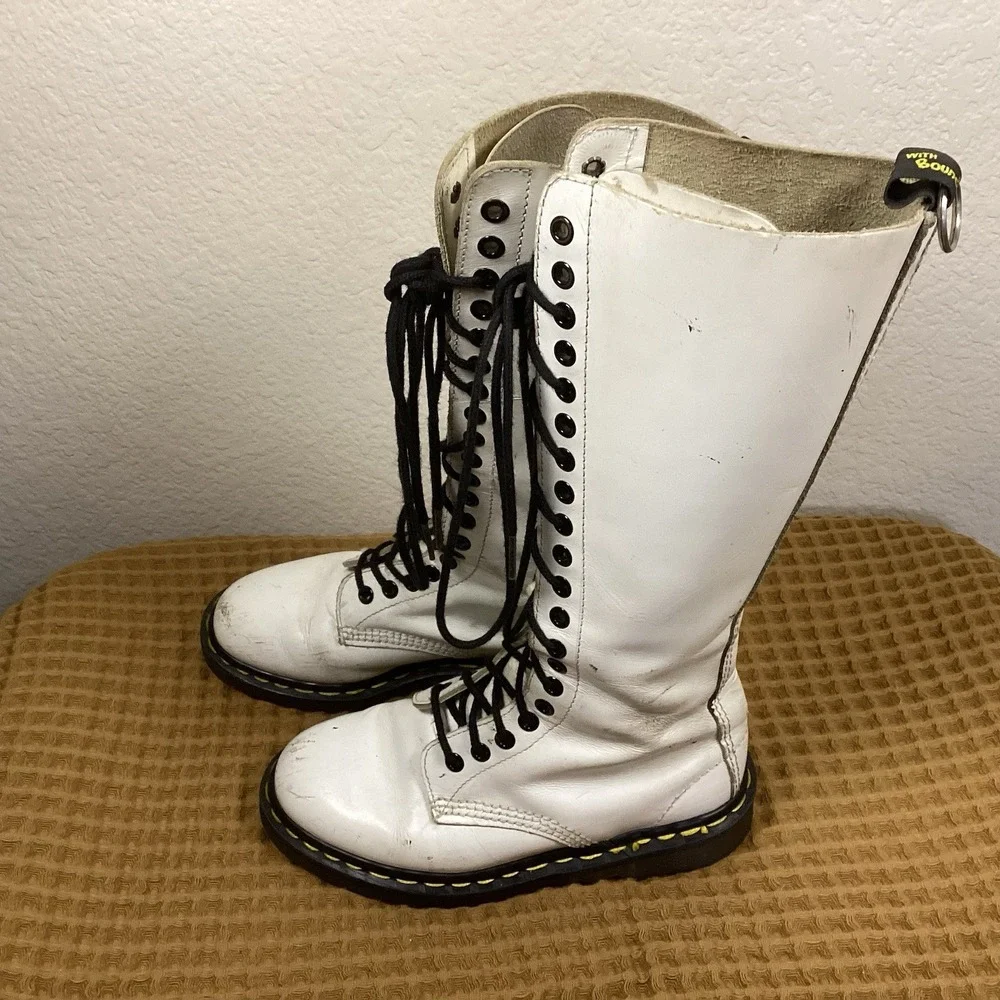 Vtg Dr Martens Knee Boots Women's Sz US 5 White 20 Eye Tall Leather England Made